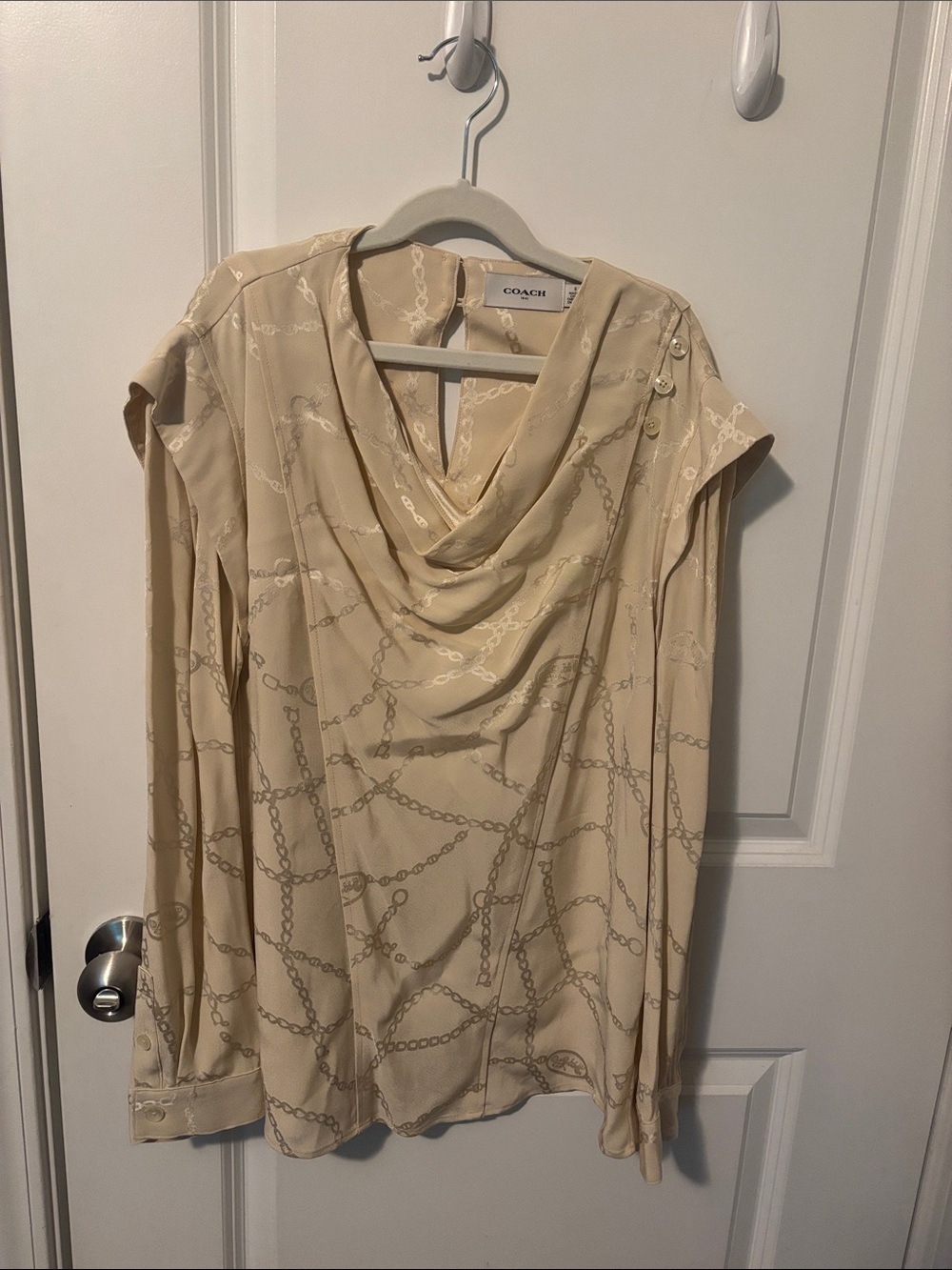 Coach Beige Chain-Print Cowl Neck Blouse